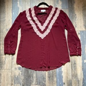 Jessica Simpson Maternity Womens V-Neck Top Blouse Sheer Lace Trim Burgundy Sz L